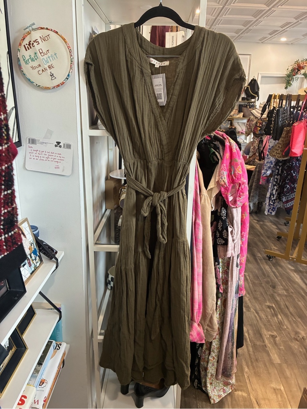 XiRENA Olive Green V-Neck Tie-Waist waffle Maxi Dress